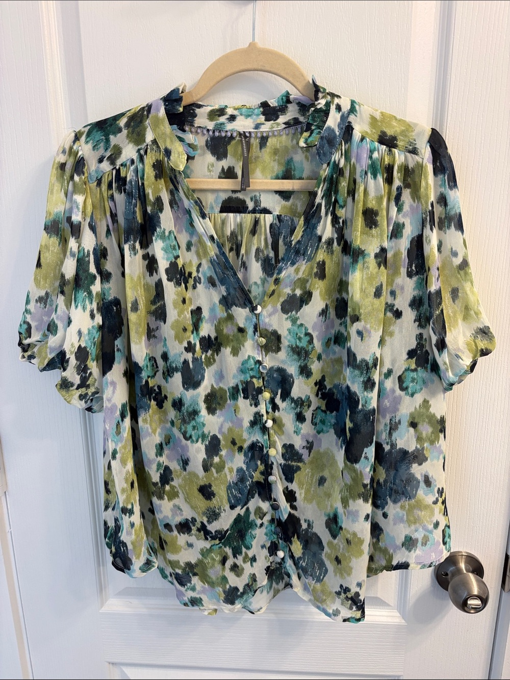 Anthropologie Painterly Floral Pearl-Button Blouse - Green, Teal, Navy